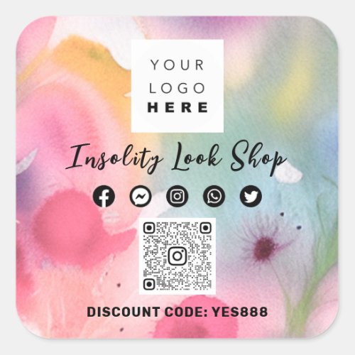 Thank QR CODE Logo Discount OFF Code Floral Square Sticker