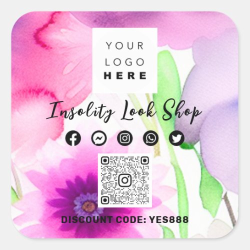 Thank QR CODE Logo Discount OFF Code Pink Floral Square Sticker
