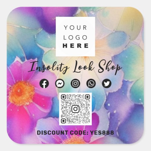 Thank QR CODE Logo Discount OFF Code Pink Flowers Square Sticker