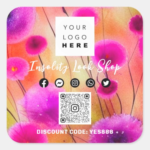 Thank QR CODE Logo Discount OFF Code Pink Meadow Square Sticker