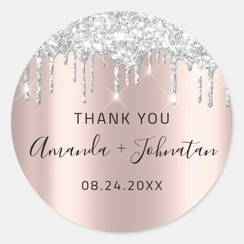 Thank Rose Gold Name Date Black Silver Gray Drips Classic Round Sticker