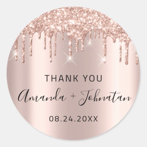 Thank Rose Gold Name Save The Date Black  Drips Classic Round Sticker