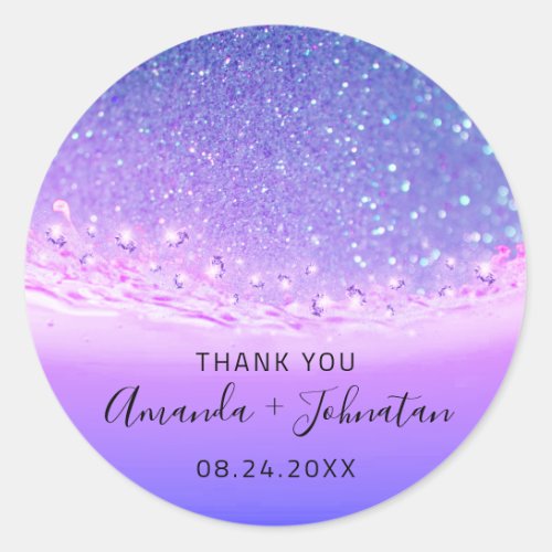 Thank Rose Name Date Spark Beach Waves Purple Classic Round Sticker