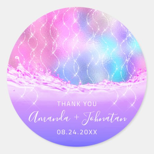 Thank Rose Name Date Spark Blue Ocean Waves Pink Classic Round Sticker