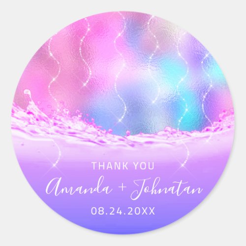 Thank Rose Name Date Spark Ocean Waves Pink Classic Round Sticker