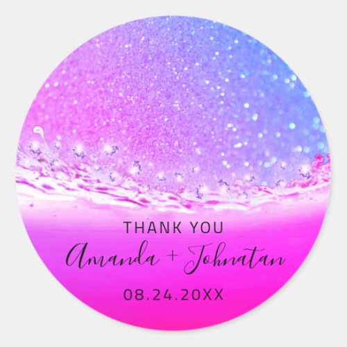 Thank Rose Name Date Spark Ombre Waves Fuchsia Classic Round Sticker