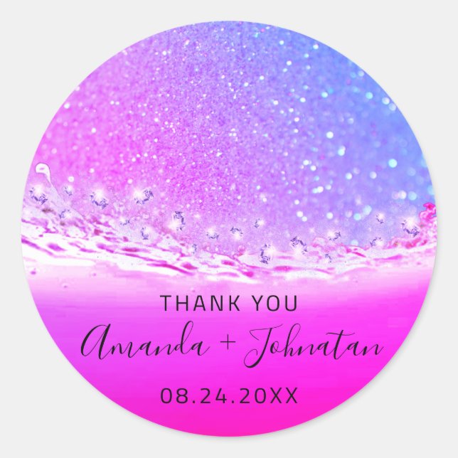 Thank Rose Name Date Spark Ombre Waves Fuchsia Classic Round Sticker (Front)