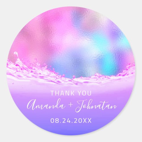 Thank Rose Name Date Spark Pastel Waves Pink Classic Round Sticker