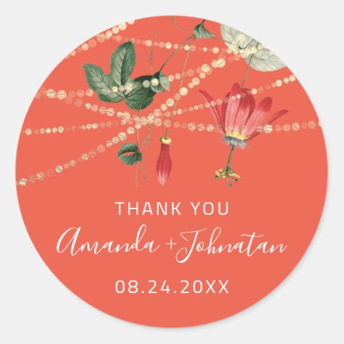Thank Rose Name Date White Coral Golden Lights Ivy Classic Round Sticker