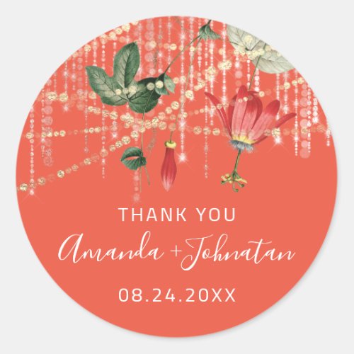 Thank Rose Name Date White Coral Golden String Ivy Classic Round Sticker