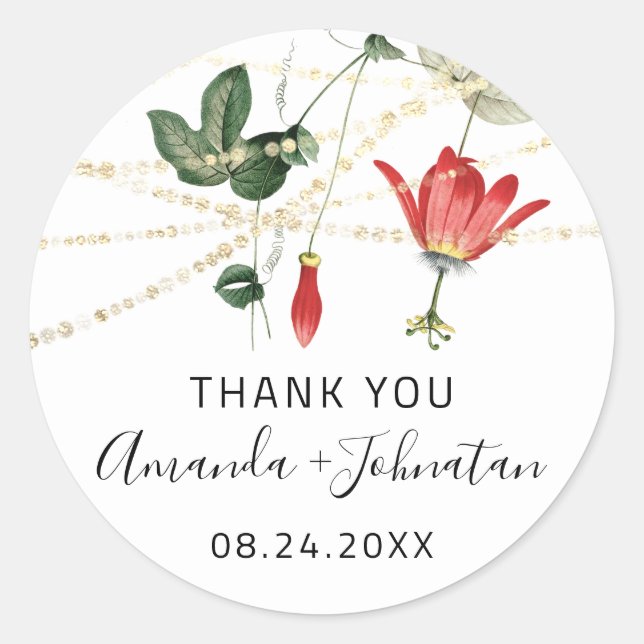 Thank Rose Name Date White Golden Lights Ivy Classic Round Sticker (Front)