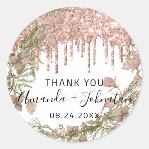 Thank Rose White Name Save The Date Wreath Drips Classic Round Sticker