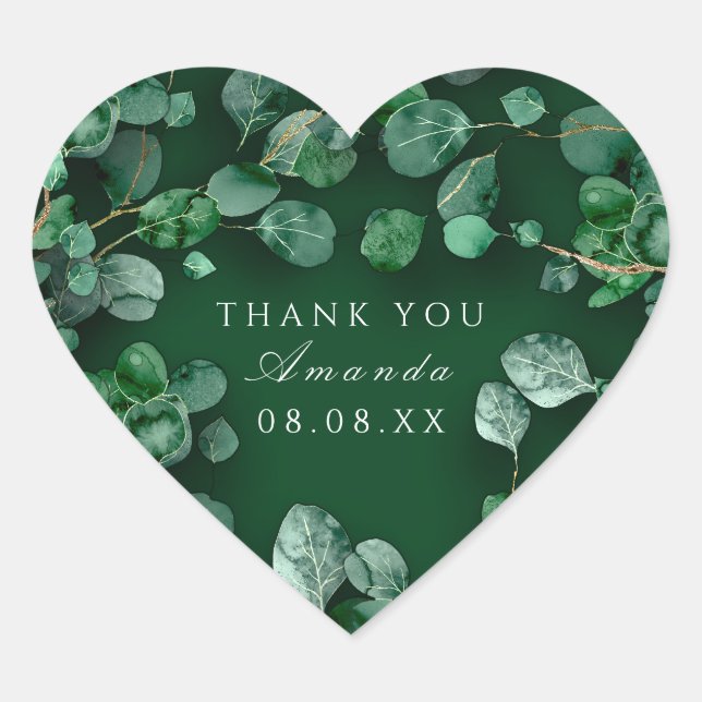 Thank Rustic Green Eucalyptus Woodland Favor Heart Sticker (Front)