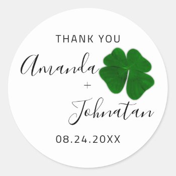Thank Save The Date Name Four-leaved Clover White Classic Round Sticker by luxury_luxury at Zazzle