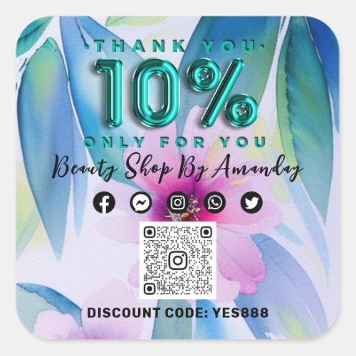 Thank Shopping 10Off QR CODE Floral Square Sticker