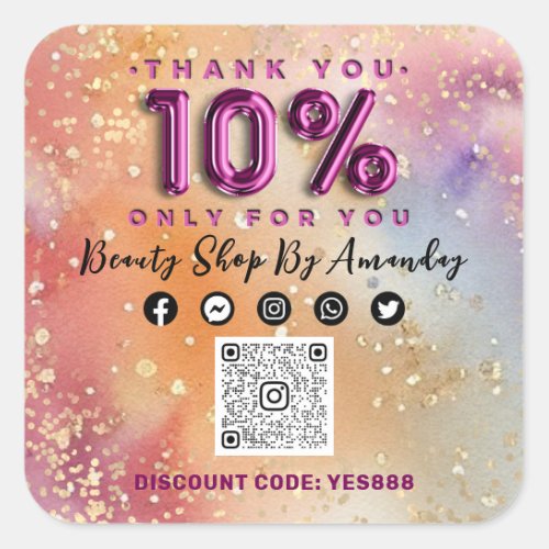 Thank Shopping 10Off QR CODE Logo Abstract Pink  Square Sticker