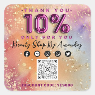 Thank Shopping 10%Off QR CODE Logo Abstract Pink Square Sticker