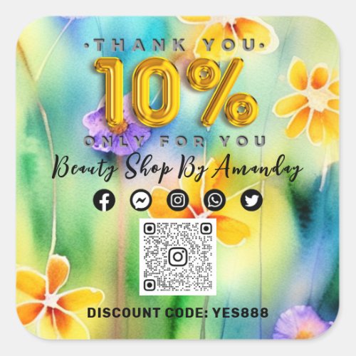 Thank Shopping 10 Off QR CODE Logo Discount Fower Square Sticker