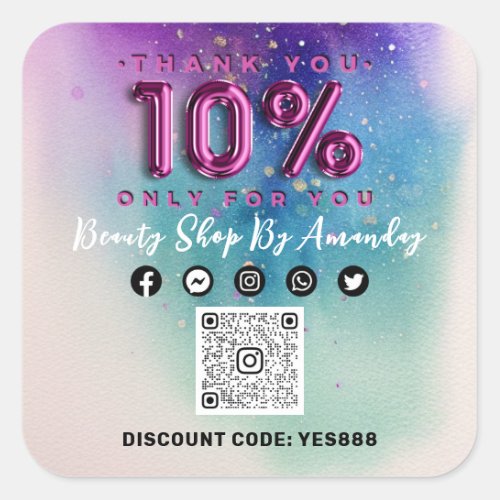 Thank Shopping 10Off QR CODE Logo Pink Square Sticker