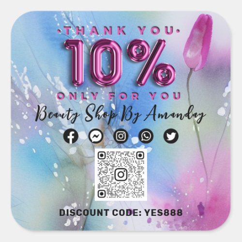 Thank Shopping 10Off QR CODE Logo Pink Tulp Square Sticker