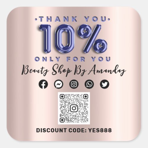Thank Shopping 10Off QR CODE Rose Blue Square Sticker