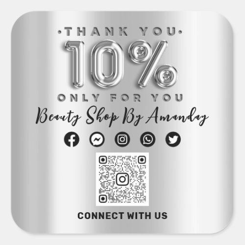 Thank Shopping 10Off QR CODE Silver Gray Square Sticker