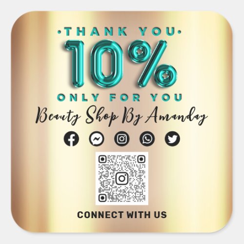 Thank Shopping 10Off QR CODE Teal Gold Square Sticker