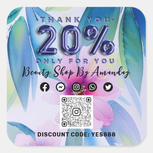 Thank Shopping 20Off QR CODE Floral Tropical Blue Square Sticker