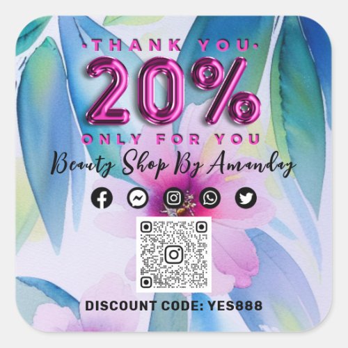 Thank Shopping 20Off QR CODE Floral Tropical Pink Square Sticker