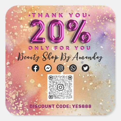 Thank Shopping 20Off QR CODE Logo Abstract Pink  Square Sticker
