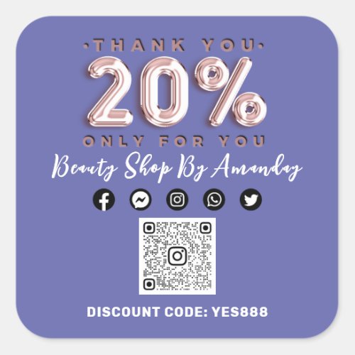 Thank Shopping 20Off QR CODE Logo Blue Rose Square Sticker