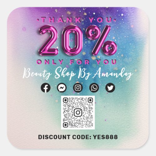 Thank Shopping 20Off QR CODE Logo Pink Square Sticker