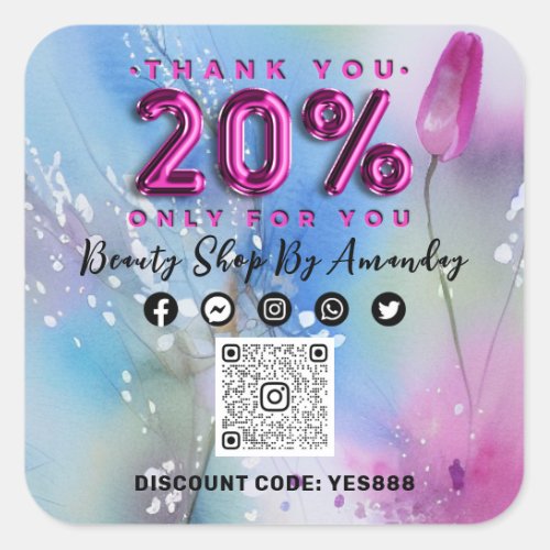 Thank Shopping 20Off QR CODE Logo Pink Tulp Square Sticker
