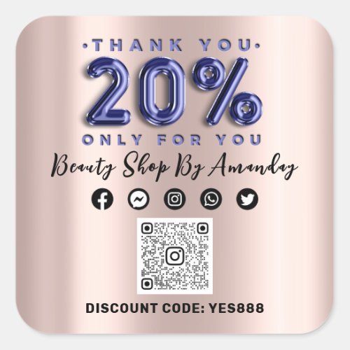 Thank Shopping 20Off QR CODE Rose Blue Square Sticker