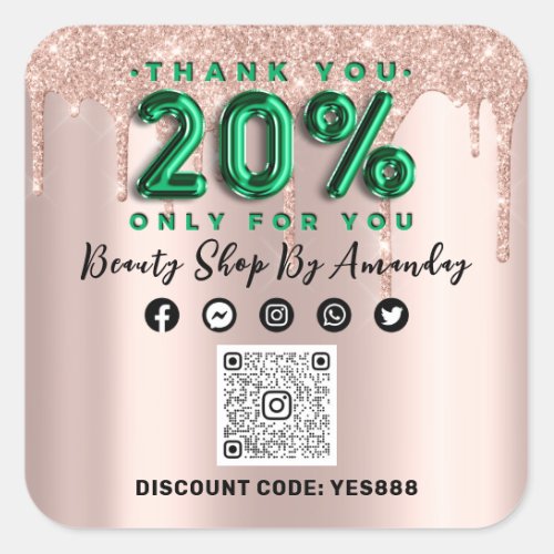 Thank Shopping 20Off QR CODE Rose Green Square Sticker