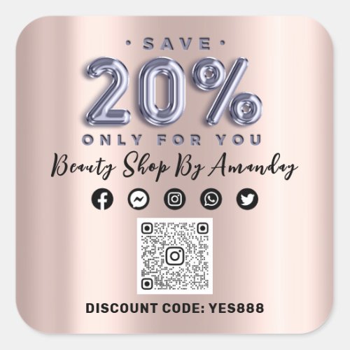 Thank Shopping 20Off QR CODE Rose Lilac Square Sticker