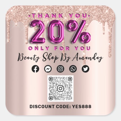 Thank Shopping 20Off QR CODE Rose Pink  Square Sticker