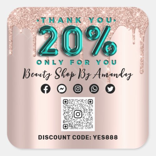 Thank Shopping 20Off QR CODE Rose Teal Square Sticker