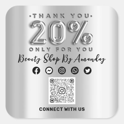 Thank Shopping 20Off QR CODE Silver Gray Square Sticker