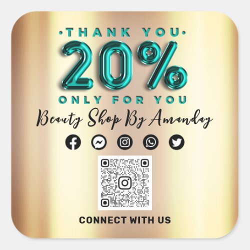 Thank Shopping 20Off QR CODE Teal Gold Square Sticker