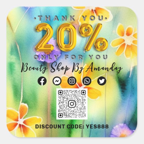 Thank Shopping 20 Off QRCODE Logo Discount Flower Square Sticker