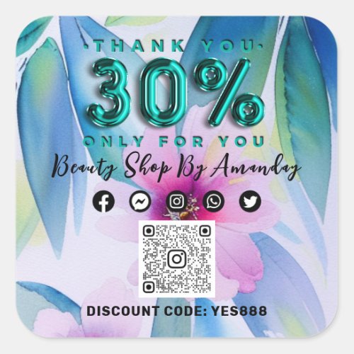 Thank Shopping 30Off QR CODE Floral Tropical Teal Square Sticker