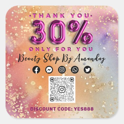 Thank Shopping 30Off QR CODE Logo Abstract Pink  Square Sticker