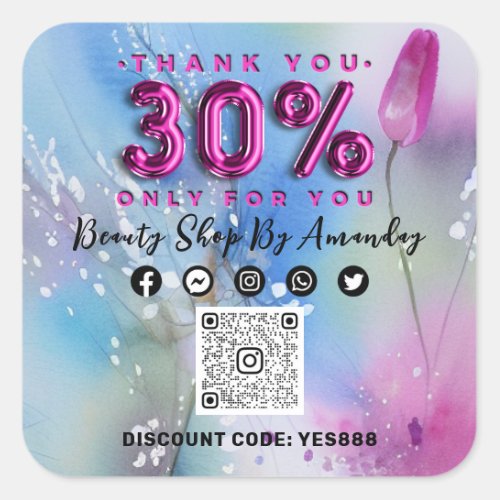 Thank Shopping 30Off QR CODE Logo Pink Tulp Square Sticker