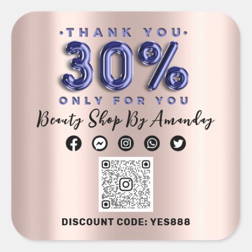 Thank Shopping 30Off QR CODE Rose Blue Square Sticker