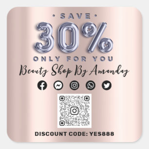 Thank Shopping 30%Off QR CODE Rose Lilac Square Sticker