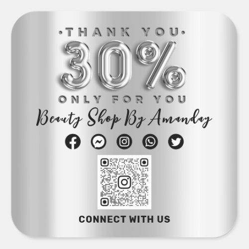 Thank Shopping 30Off QR CODE Silver Gray Square Sticker