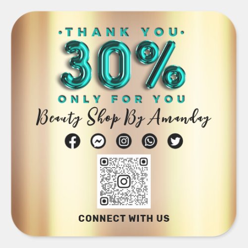 Thank Shopping 30Off QR CODE Teal Gold Square Sticker