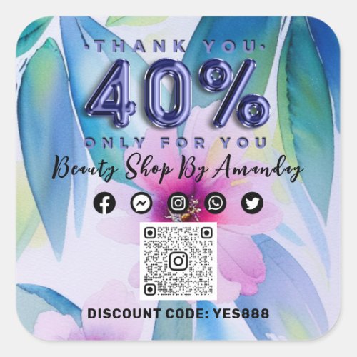 Thank Shopping 40Off QR CODE Floral Tropical Blue Square Sticker