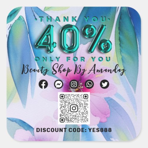 Thank Shopping 40Off QR CODE Floral Tropil Green Square Sticker